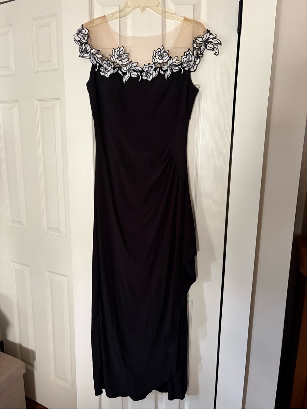 MSK Black Maxi Dress with Floral Applique Illusion Neckline